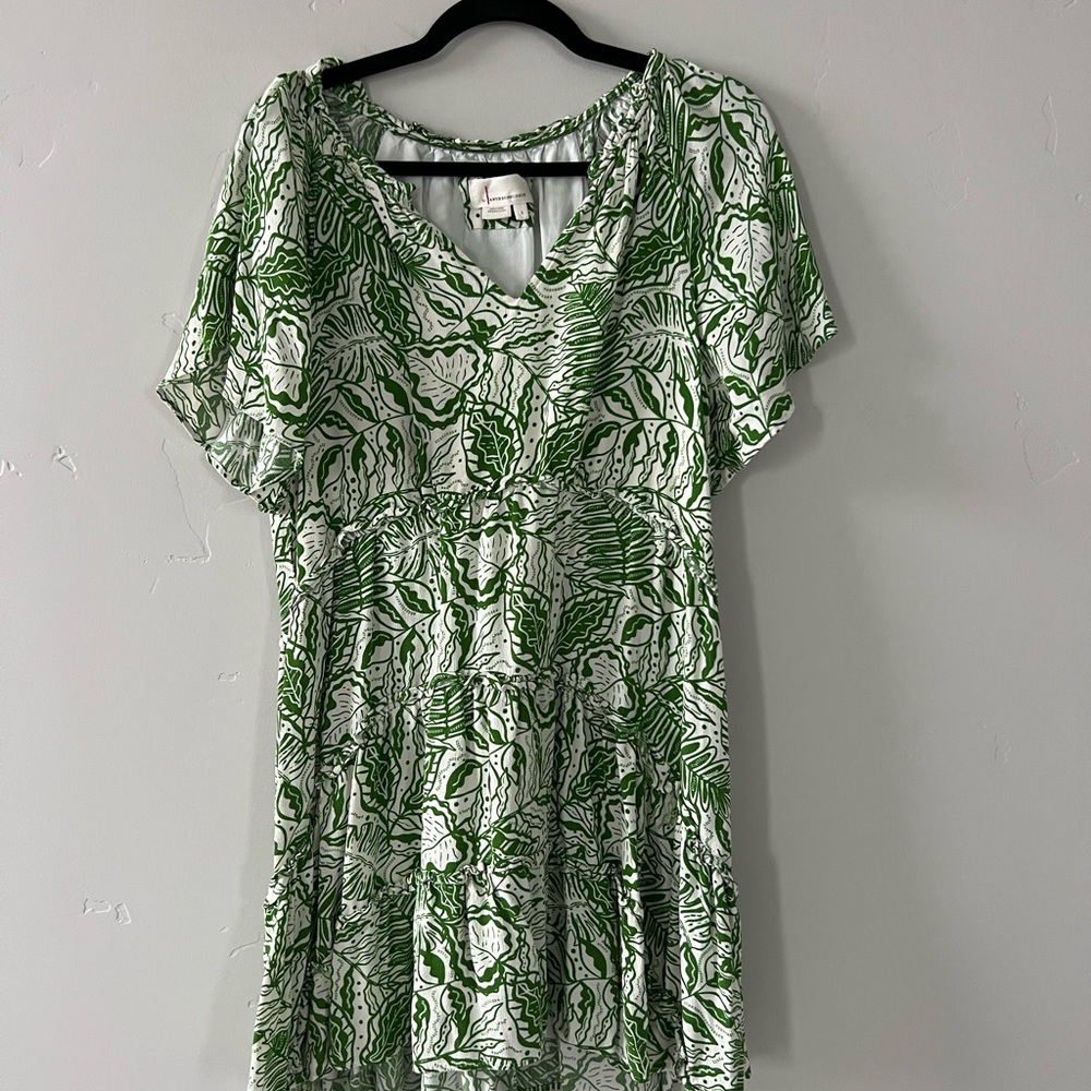 Anthropologie Green & White Viscose Dress - Size Large